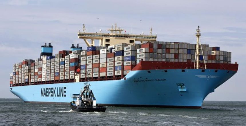 The MV Maersk Mc-Kinney Moller, the world's biggest container ship, arrives at the harbour of Rotterdam